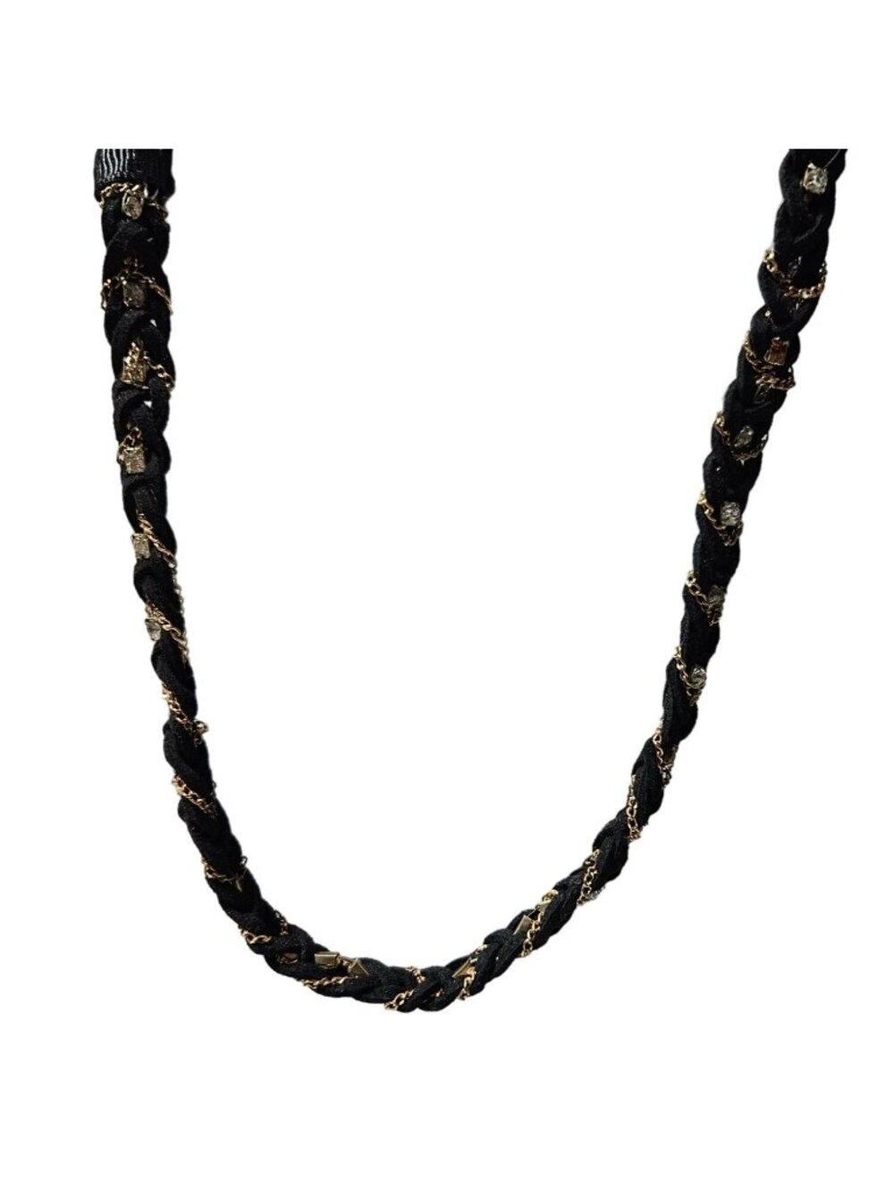 Y2K Black Braided Fabric Rhinestone Necklace Gold Tone Chain Glam Rocker Chic